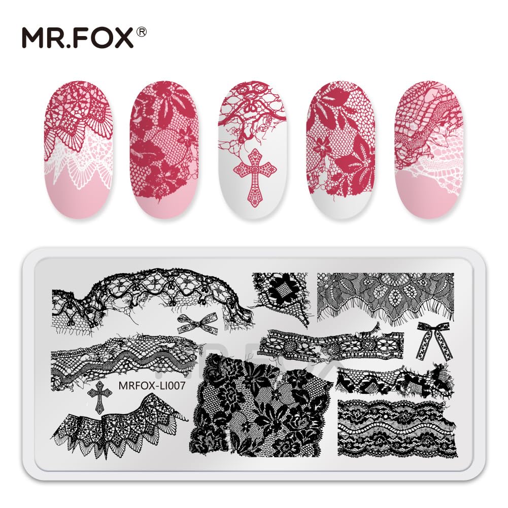 Five pieces of MR.FOX nail art stencils arranged together to display the variety of salon-quality patterns available