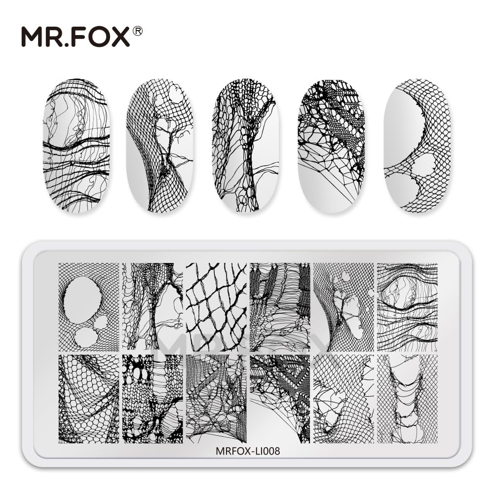 Demonstration of the MR.FOX stainless steel template being used for precise home manicure art transfers