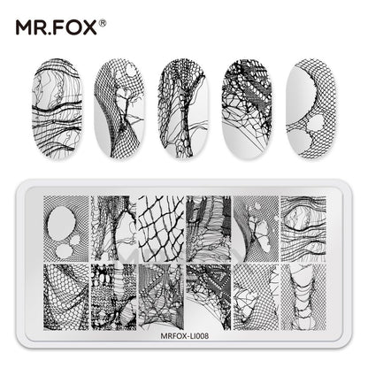 Demonstration of the MR.FOX stainless steel template being used for precise home manicure art transfers