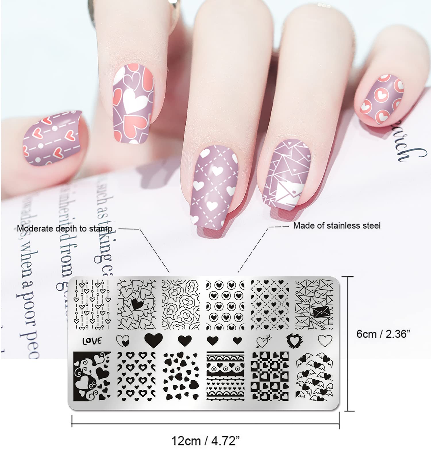 Close up of heart and rose patterns on Silpecwee nail stencil plates