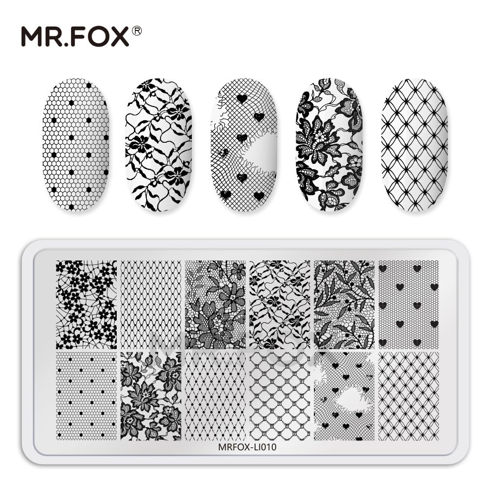 Finished manicure look achieved using the MR.FOX butterfly and lace design stainless steel stencils