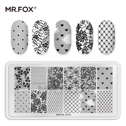Finished manicure look achieved using the MR.FOX butterfly and lace design stainless steel stencils