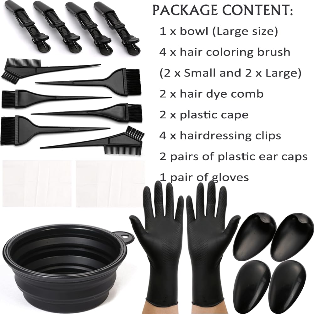 Close up view of the Borogo hair tinting mixing bowl with handle and application brushes demonstrating thick fiber bristles.