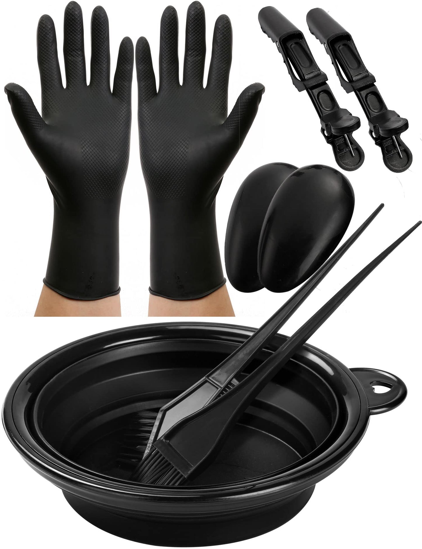 Borogo hair coloring kit protective gear featuring reusable black rubber grip gloves, plastic capes, and protective ear covers.