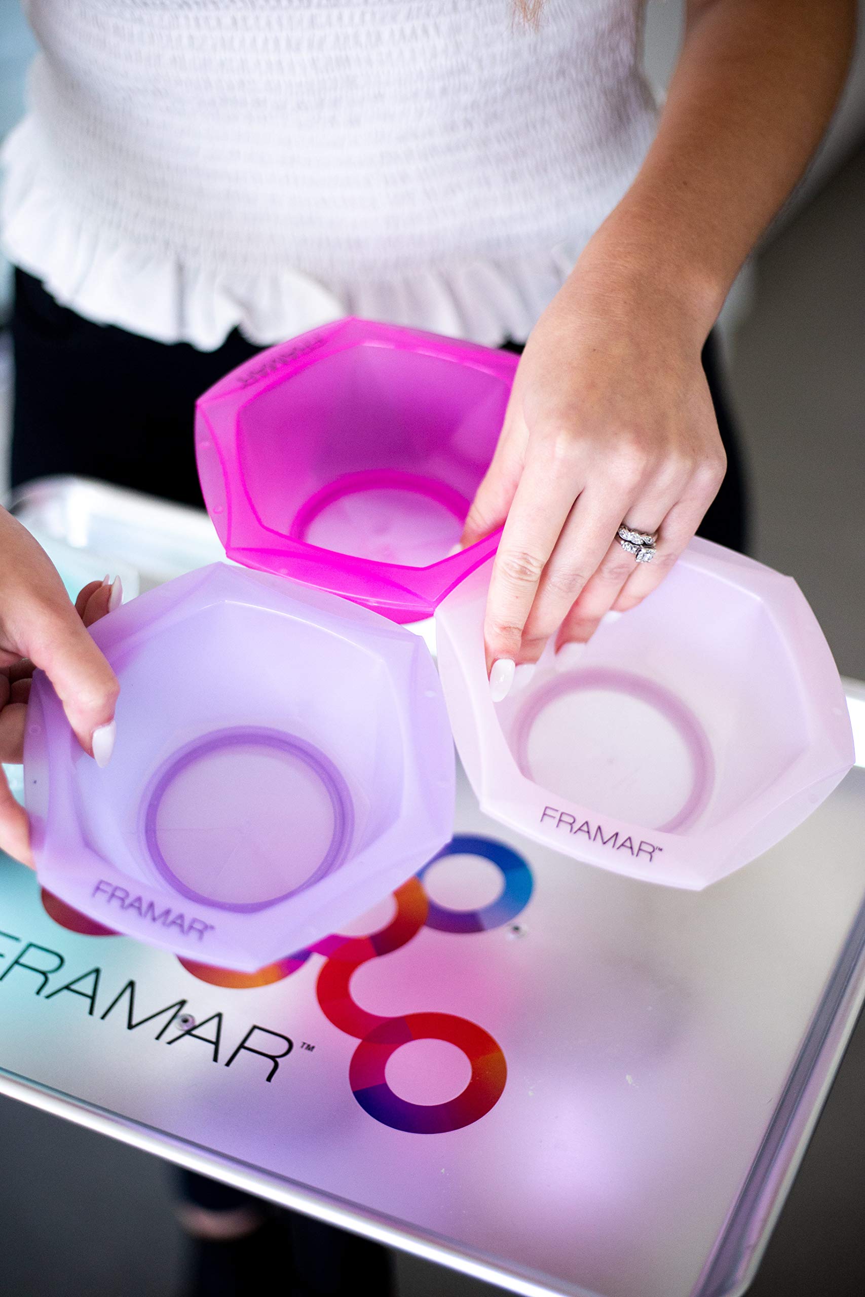FRAMAR interlocking hair color bowls snapped together in a stable honeycomb configuration