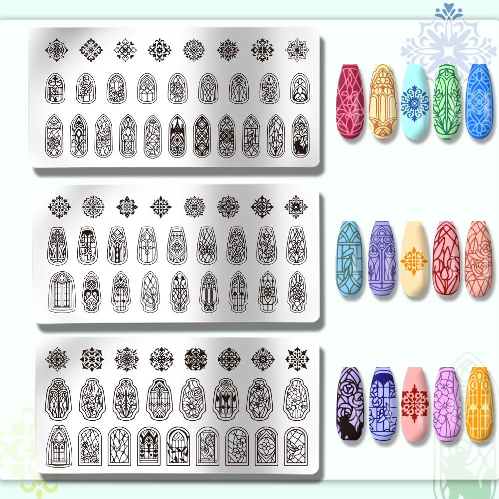 Geometric and floral nail art patterns on stamping plates