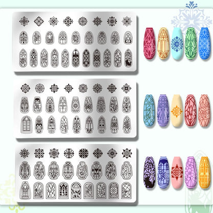 Geometric and floral nail art patterns on stamping plates