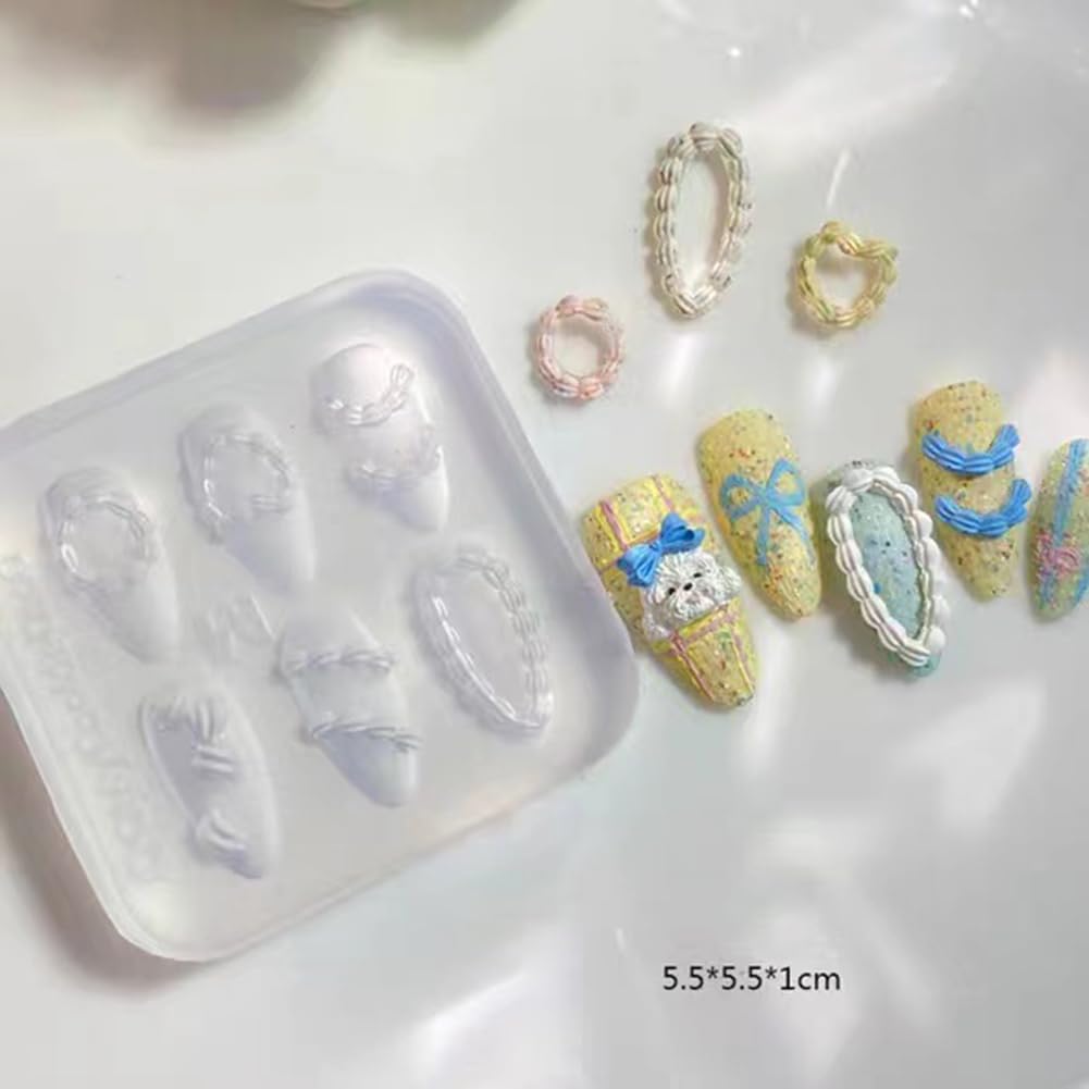 Lifoost clear manicure template tool being filled with white relief gel for 3D charm creation.