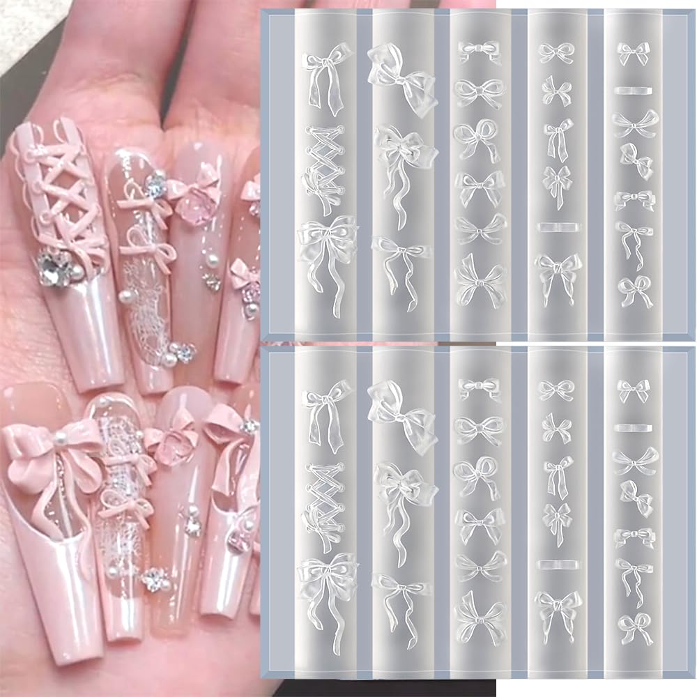 Finished 3D embossed bow nail decorations created using the flexible silicone stencil