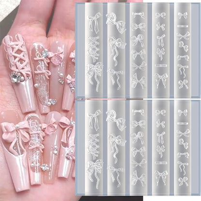 Finished 3D embossed bow nail decorations created using the flexible silicone stencil