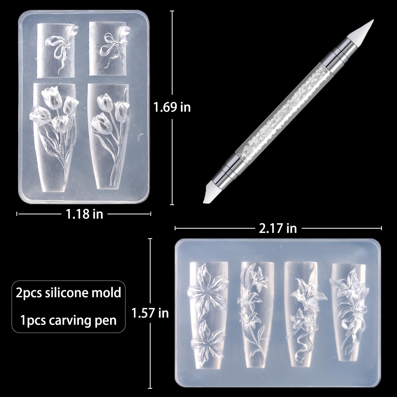 Two pieces of clear 3D flower nail charm templates with white carving pen