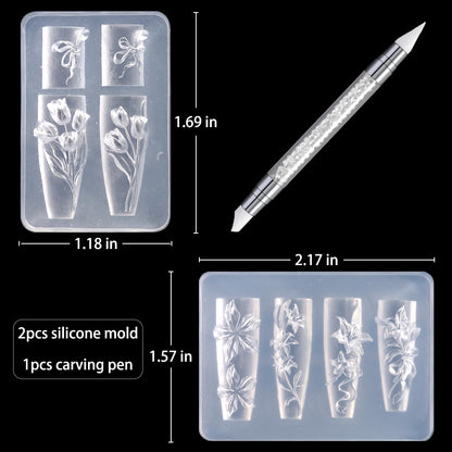 Two pieces of clear 3D flower nail charm templates with white carving pen