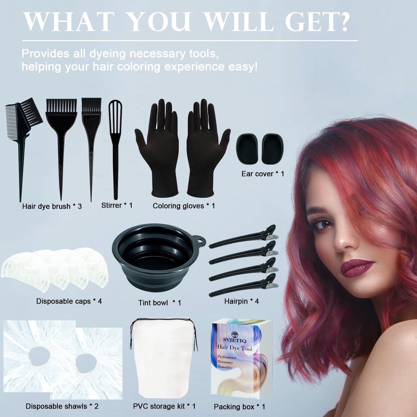 Complete packaging layout of the imported Svjetiq professional hair tinting kit for salon and home use.