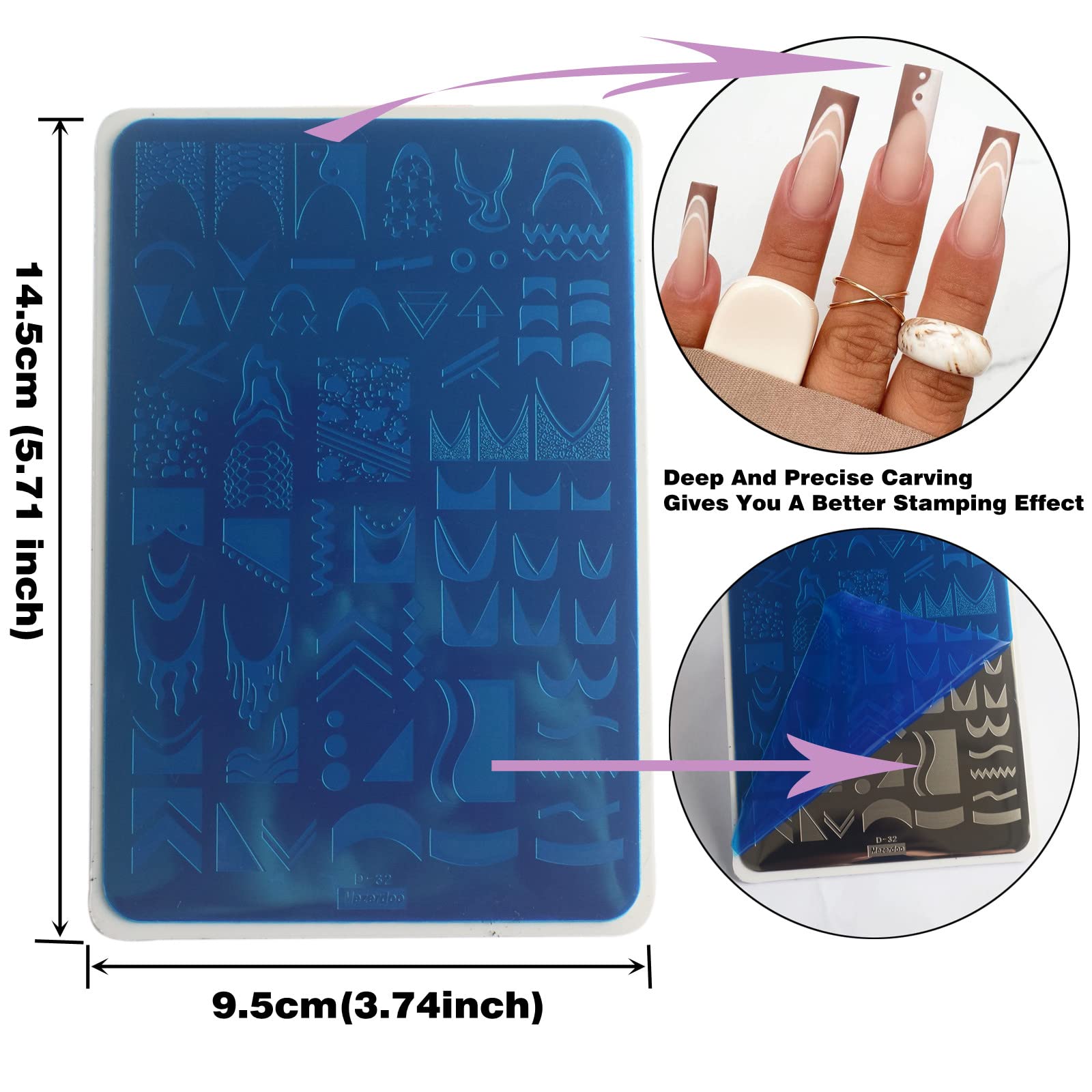 Detailed view of Mezerdoo geometric nail art stencil patterns