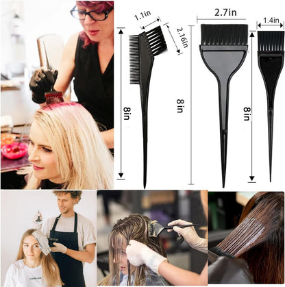 Assorted professional applicator brushes and tint combs showing nylon bristles for even hair color distribution.