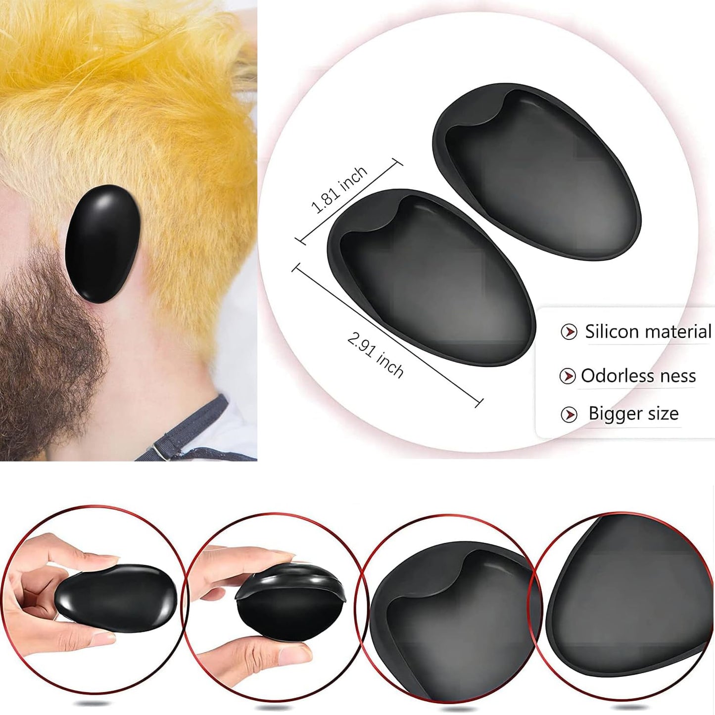 Protective accessories including reusable plastic ear covers and lightweight gloves to prevent dye stains.