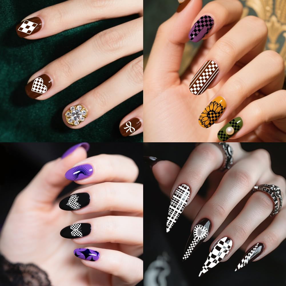 Finished salon style checkerboard and plaid nail art look created using these imported stencils.