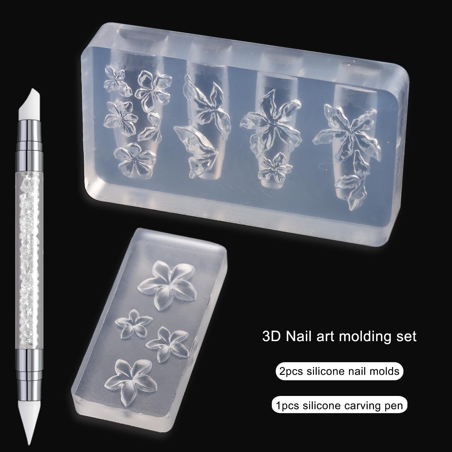 Two pieces of transparent floral manicure templates with a double headed white carving pen