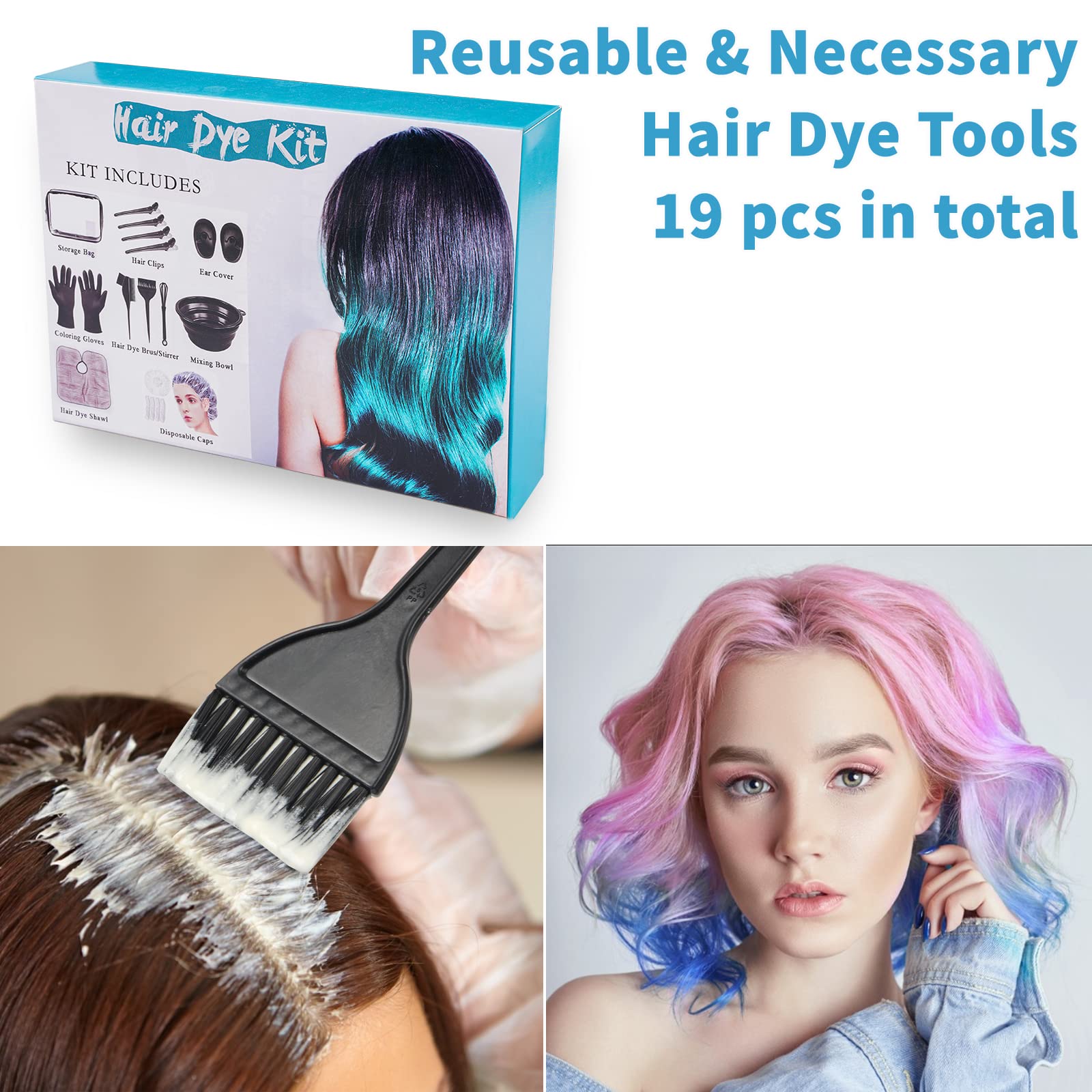 Full overview of the washable nineteen piece hair coloring accessory set for highlights.