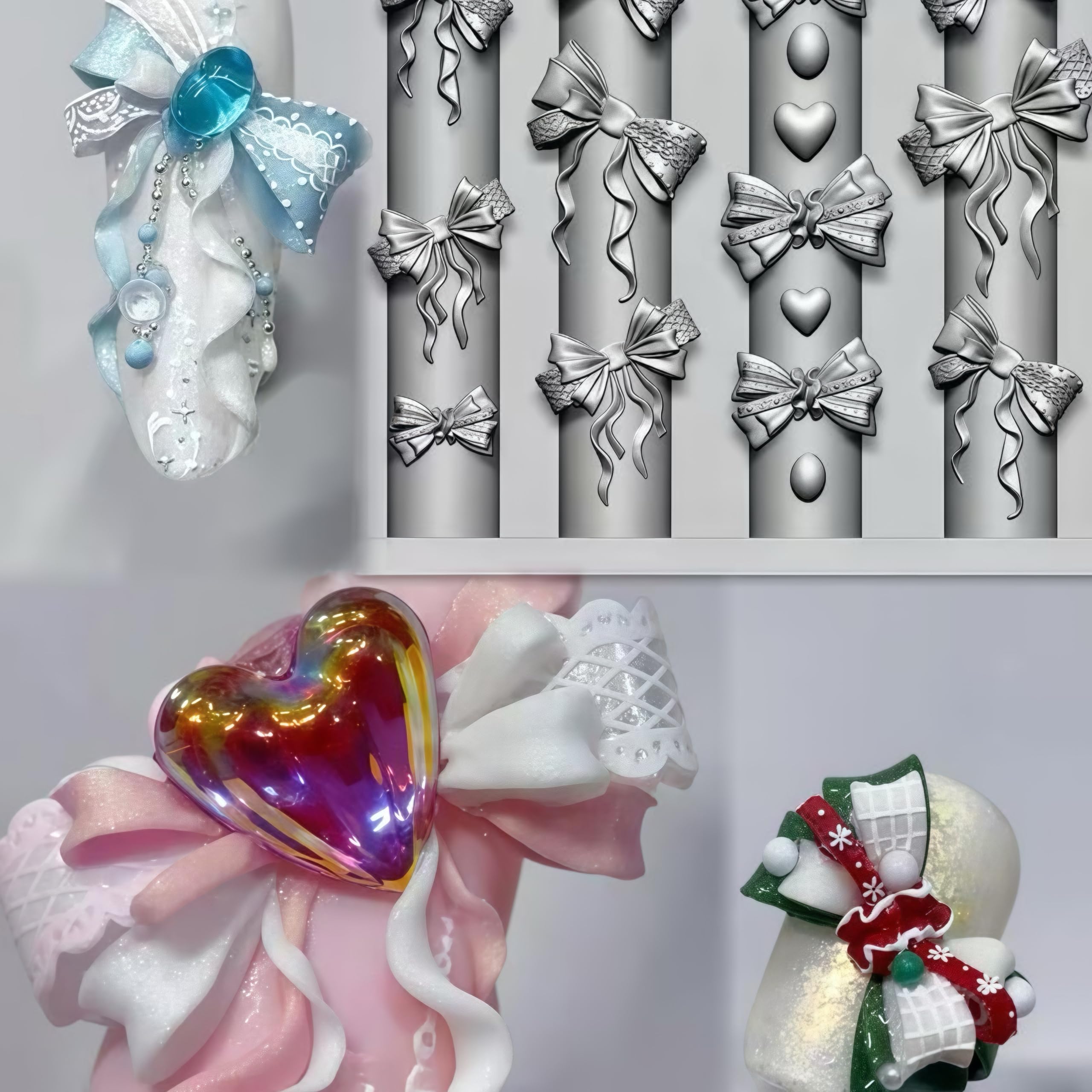 BHCCXZ ribbon bow nail accessories mold displaying various sizes of miniature rose and knot designs.