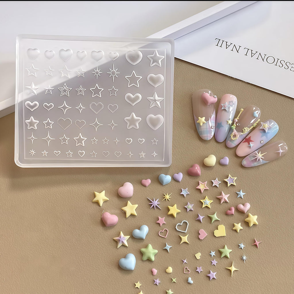 Completed 3D resin starburst charms freshly removed from the non stick silicone manicure tool.