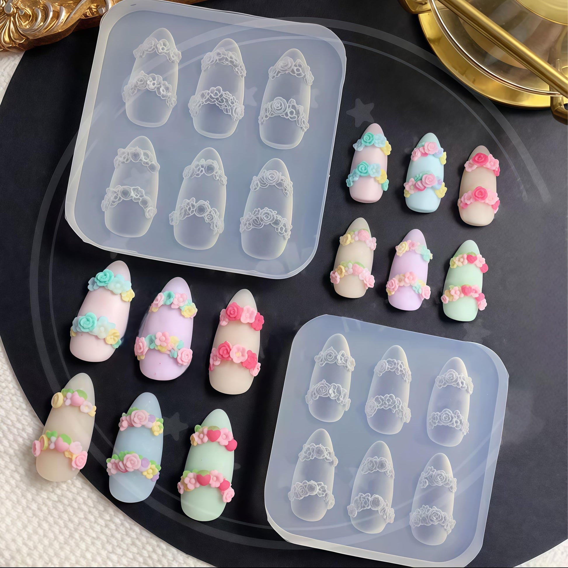 Applying a cured 3D silicone mold butterfly accent onto a styled manicure