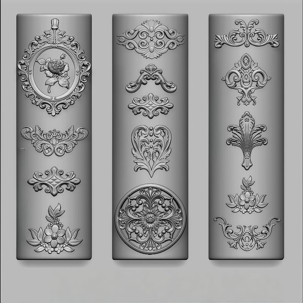 Close up of flexible silicone vintage nail mold displaying detailed baroque filigree designs