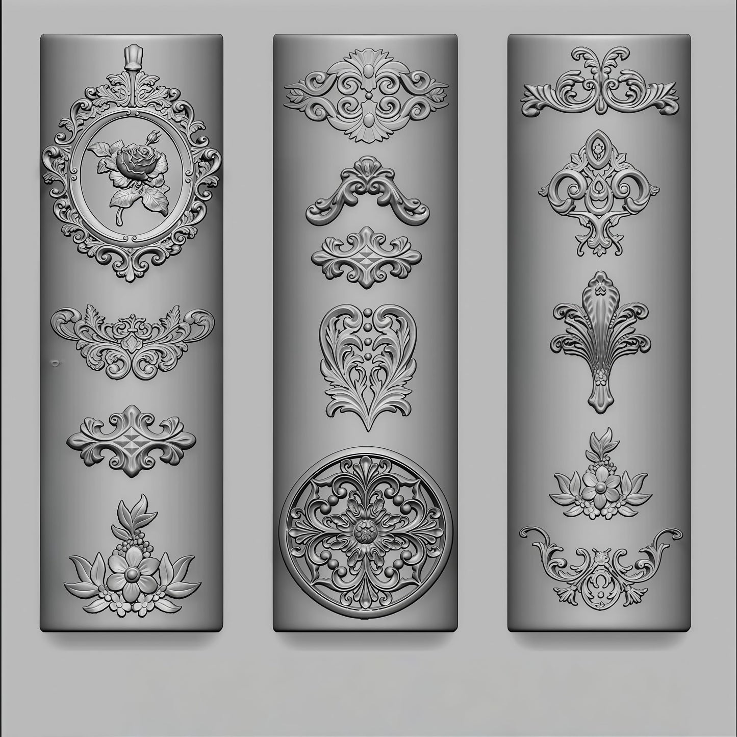 Close up of flexible silicone vintage nail mold displaying detailed baroque filigree designs