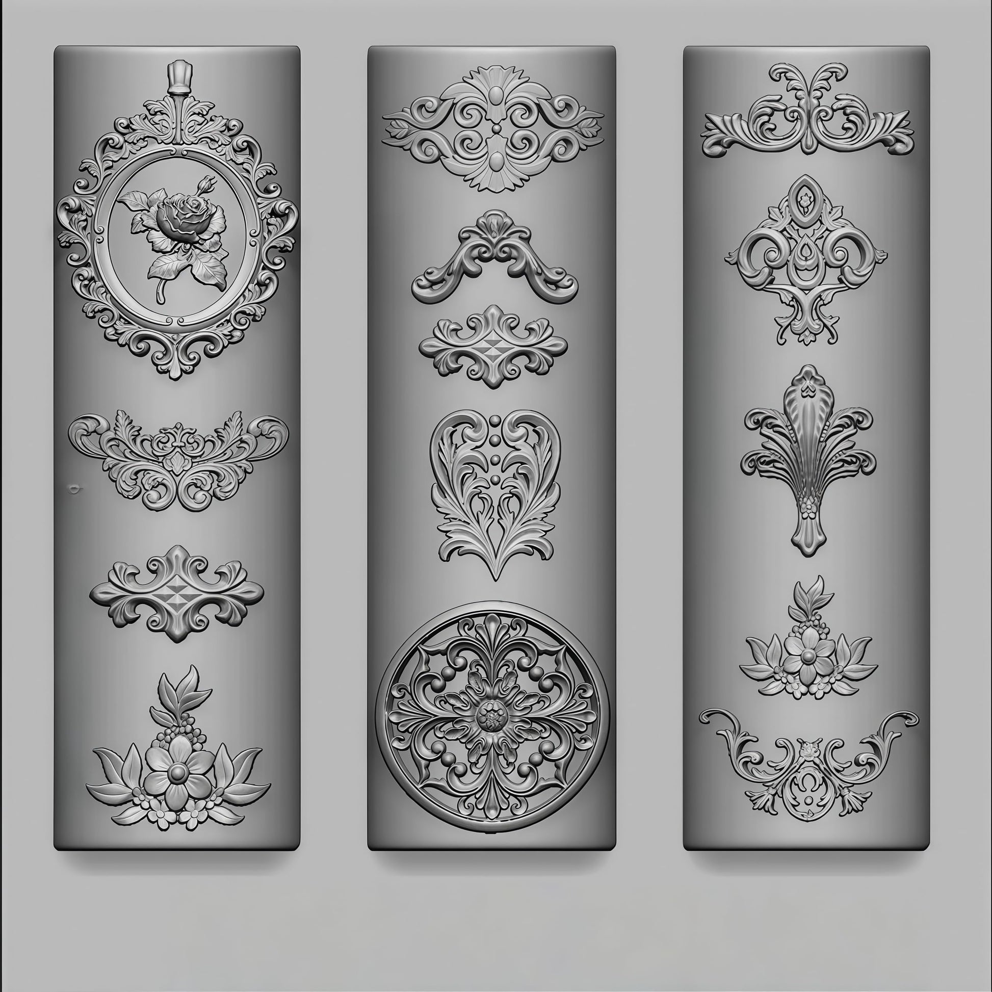 Close up of flexible silicone vintage nail mold displaying detailed baroque filigree designs