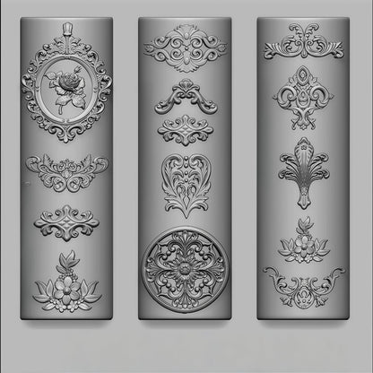 Close up of flexible silicone vintage nail mold displaying detailed baroque filigree designs