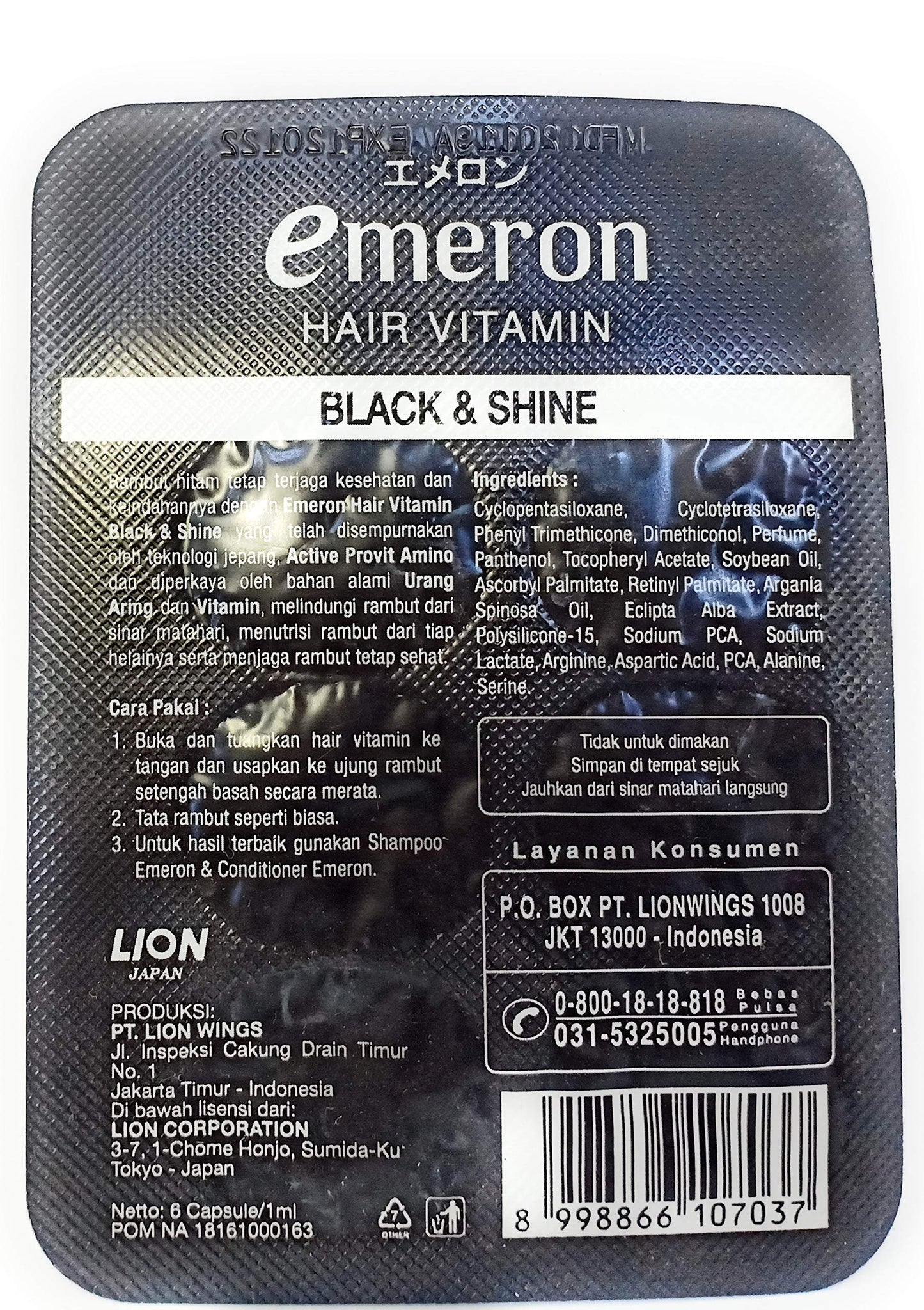 Emeron Hair Vitamin Black and Shine topical capsules arranged to show the leave on serum packaging details.