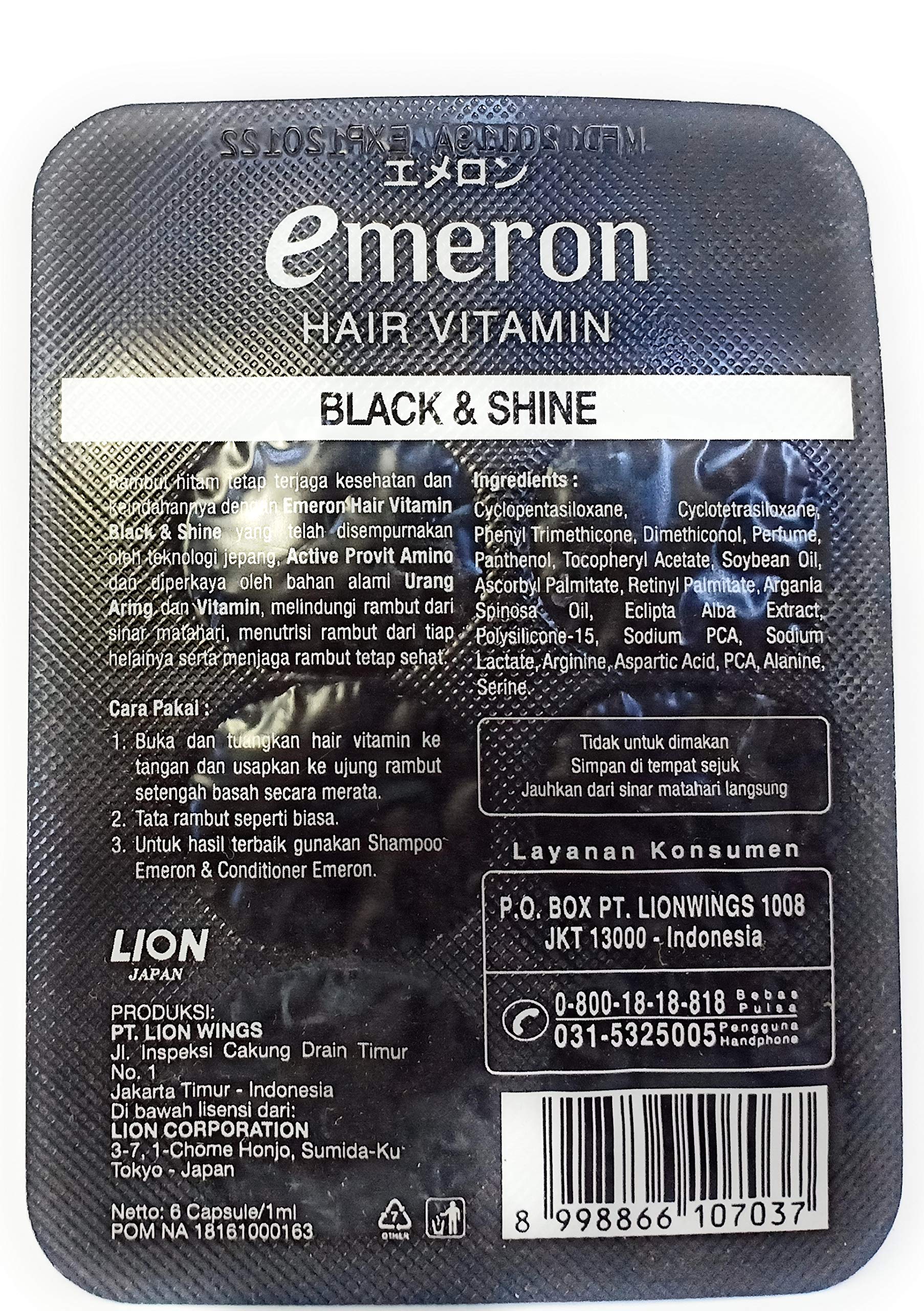 Emeron Hair Vitamin Black and Shine topical capsules arranged to show the leave on serum packaging details.