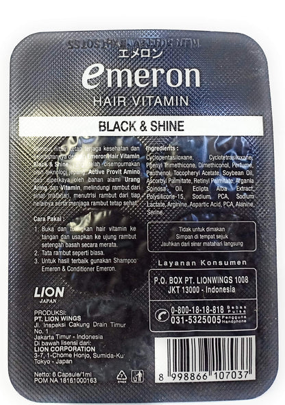 Emeron Hair Vitamin Black and Shine topical capsules arranged to show the leave on serum packaging details.