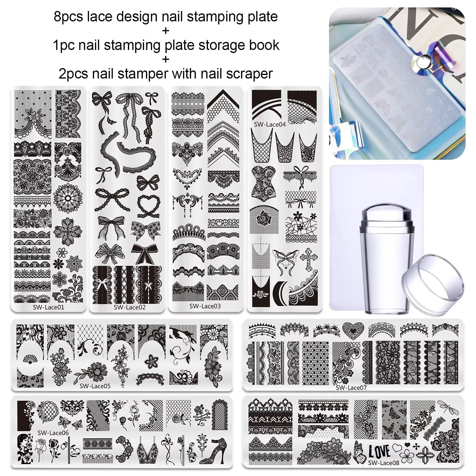 STZPRONAIL French tip silicone stamper tool transferring an intricate lace design onto a manicure.