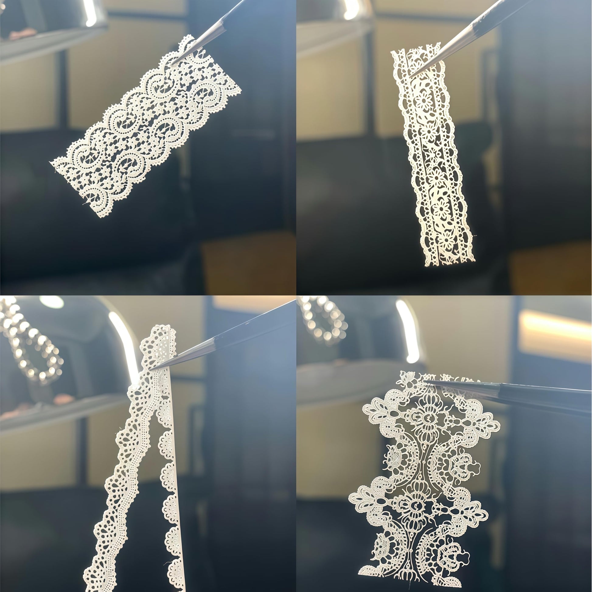 Completed Y2K style manicure featuring white embossed lace and flower charms created with the BHCCXZ mold