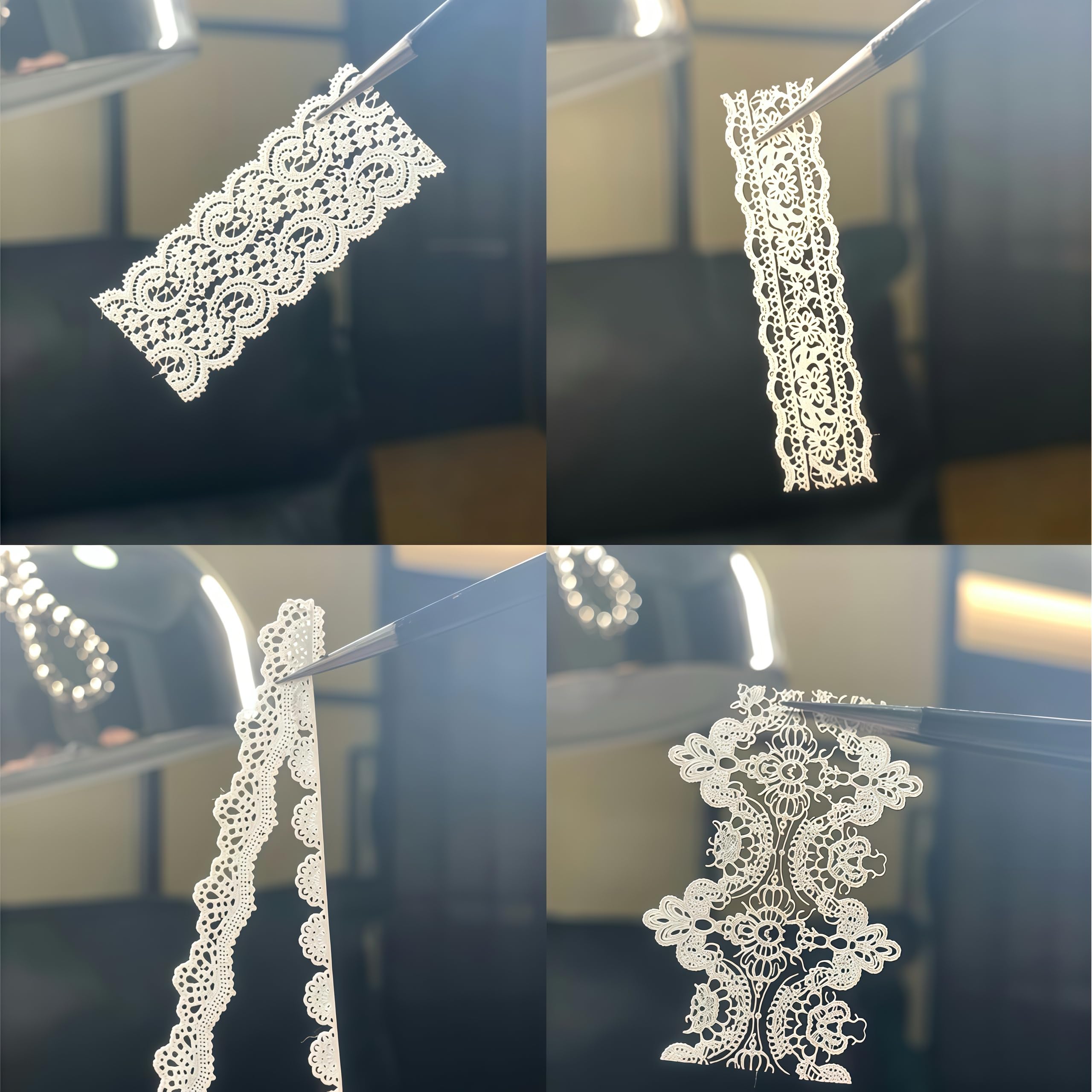 Completed Y2K style manicure featuring white embossed lace and flower charms created with the BHCCXZ mold