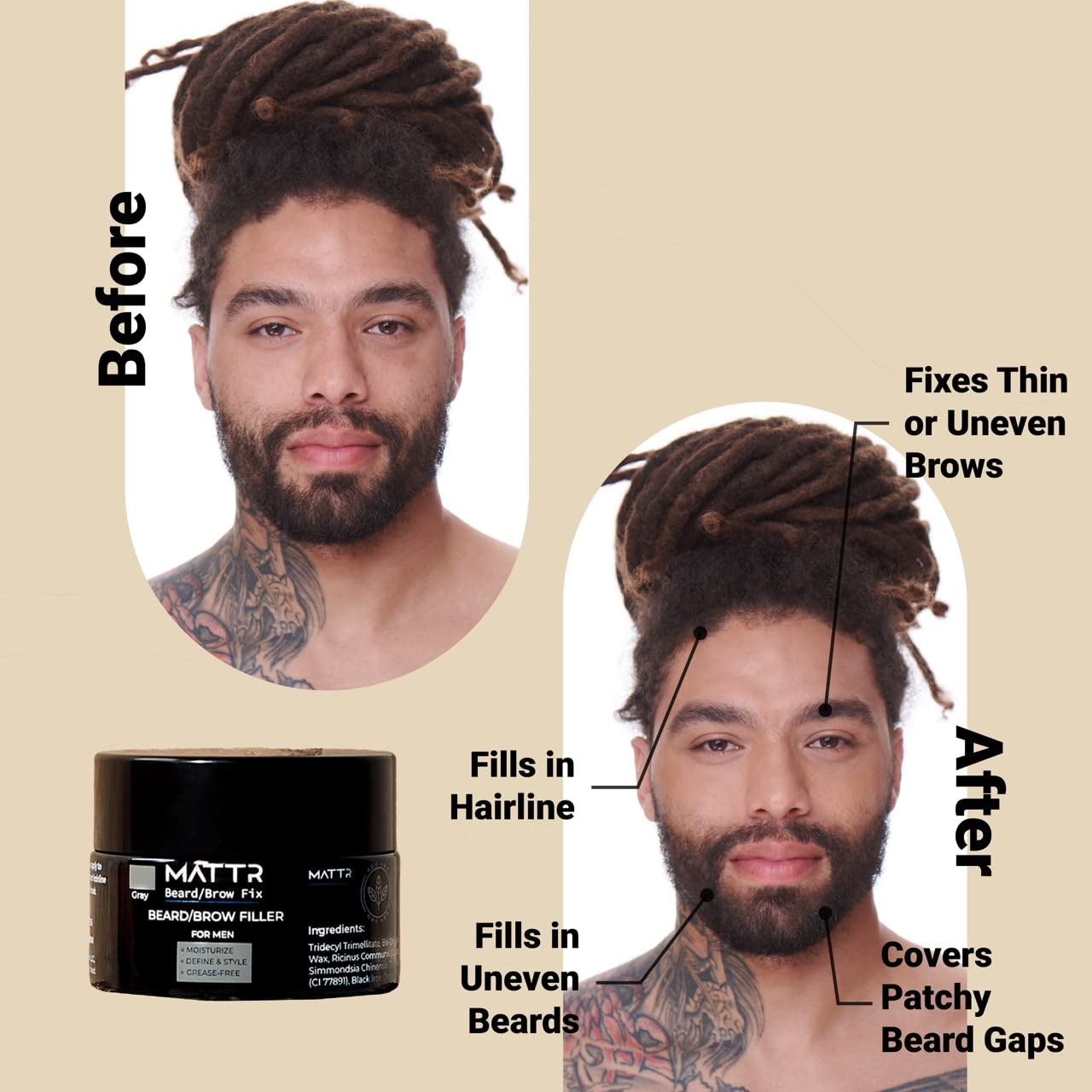 Texture shot of MATTR brown beard filler cream for grey coverage