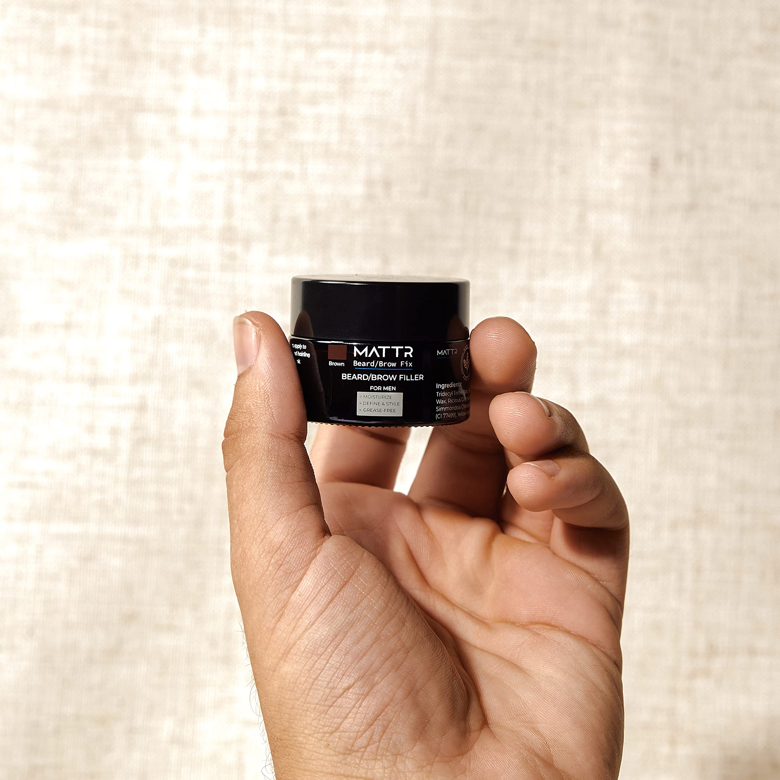 Compact 15 grams container of MATTR beard fix for travel