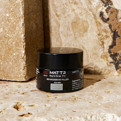Vegan and paraben free MATTR facial hair filler packaging details