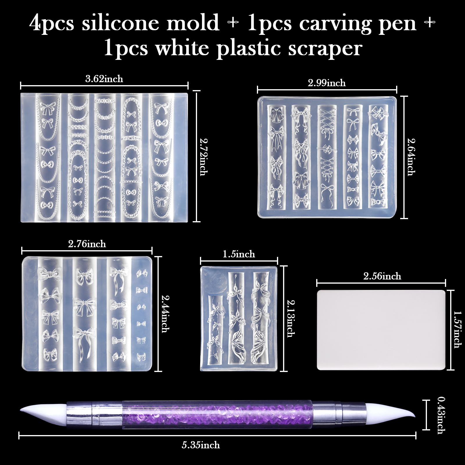 Close up of 3D ribbon and lace patterns on flexible silicone manicure molds.