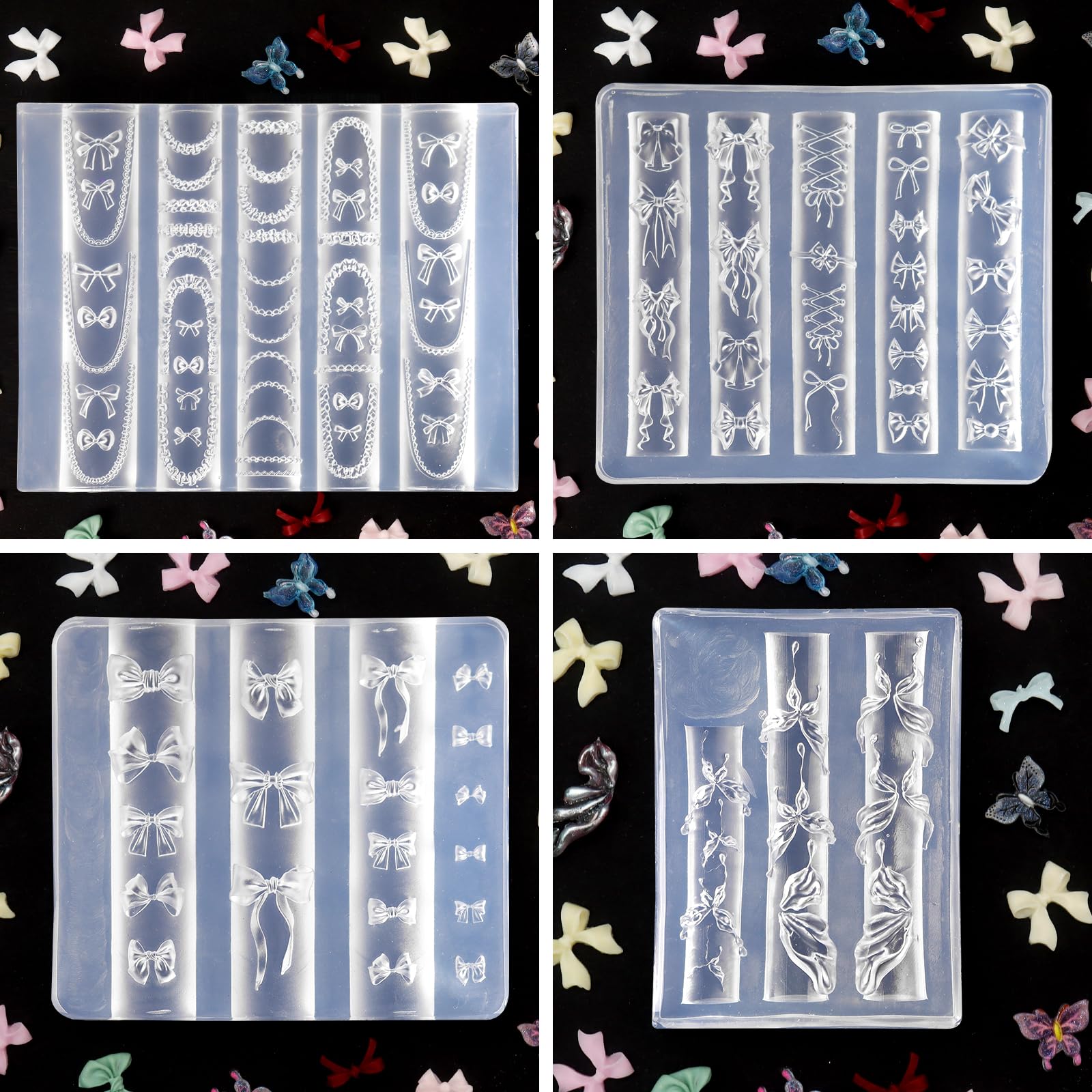 Completed 3D bowknot charms applied to faux nails demonstrating finished manicure designs.