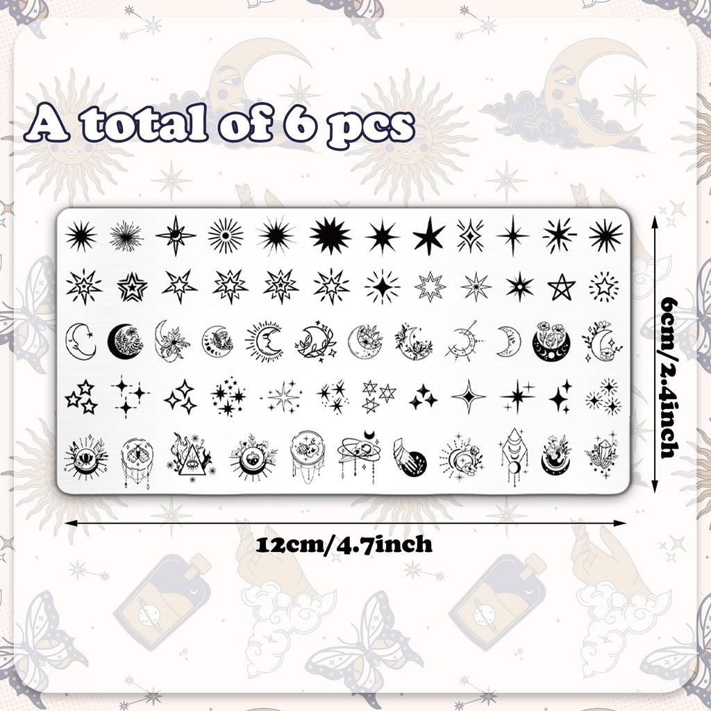 Detailed close-up of celestial nail art patterns on stainless steel plates