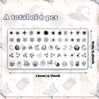 Detailed close-up of celestial nail art patterns on stainless steel plates