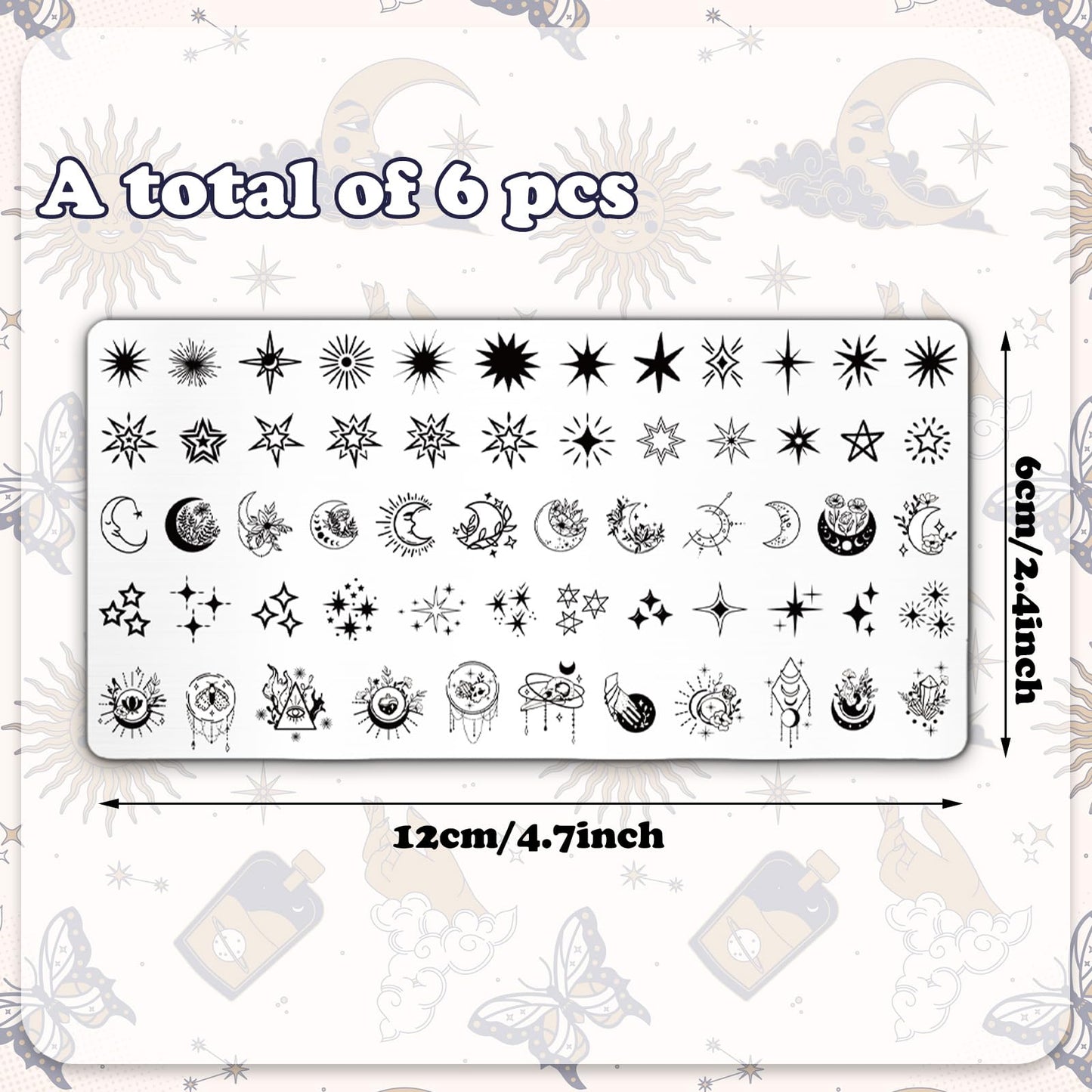 Detailed close-up of celestial nail art patterns on stainless steel plates