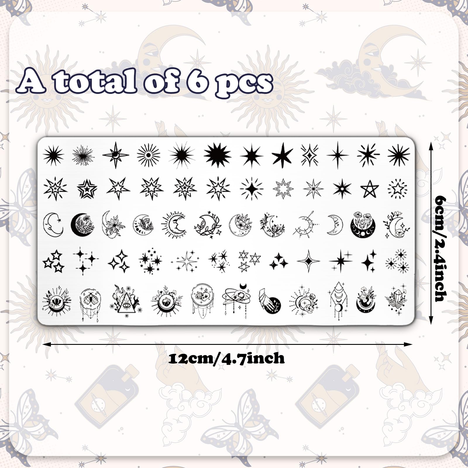 Detailed close-up of celestial nail art patterns on stainless steel plates