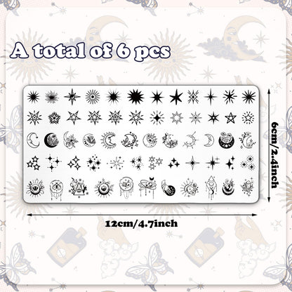 Detailed close-up of celestial nail art patterns on stainless steel plates