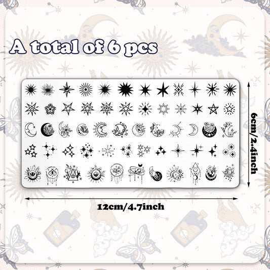 Detailed close-up of celestial nail art patterns on stainless steel plates