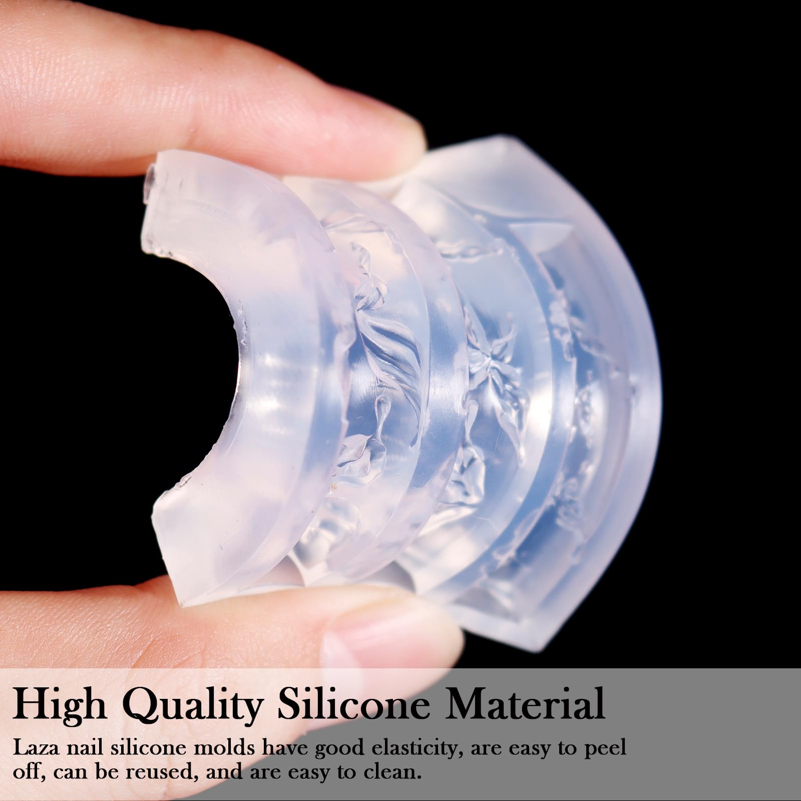 Step by step application showing carving pen smoothing sculpting gel inside the Laza mold.