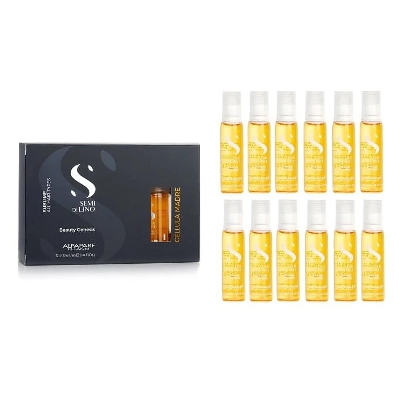 Alfaparf Milano Cellula Madre Glow Multiplier bottle alongside Beauty Genesis ampoules for intense hair shine