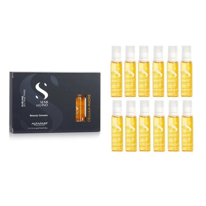 Alfaparf Milano Cellula Madre Glow Multiplier bottle alongside Beauty Genesis ampoules for intense hair shine